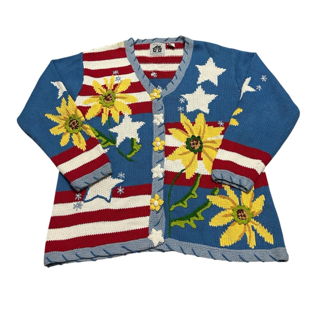 Vintage 90s Women’s 1X USA American Flag Sunflower Hand Knit Cardigan Sweater
